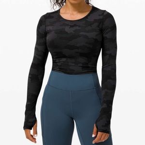 Lululemon Wunder Train Cropped Long Sleeve Heritage 365 Camo Deep Coal Multi